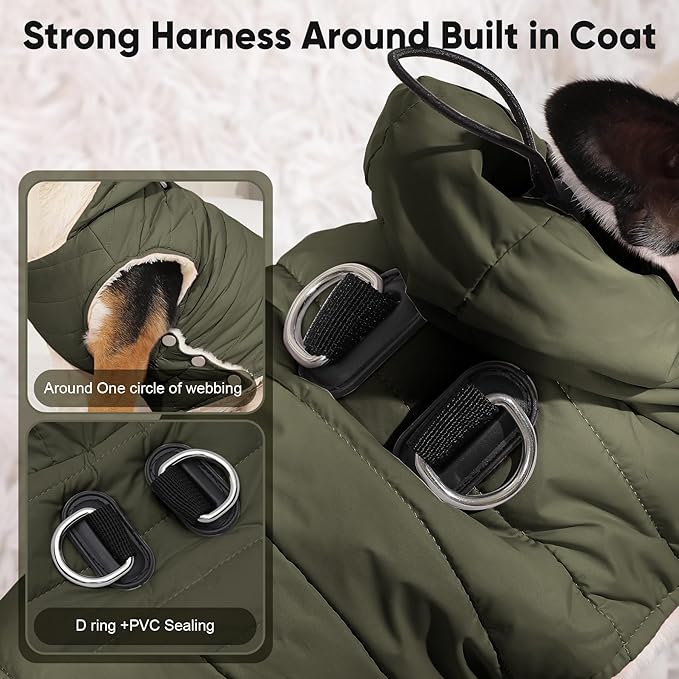 Fleece Lining Dog Hoodie with Harness Built in,Extra Warm Large Dog Jacket in Winter Doggie Coats with Drawstring Hooded,Green XXXL