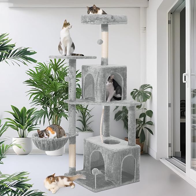 54 Inches Large Cat Tree Tower for Indoor Cat, Tall Cat Tower with Scratching Posts, Cat Condos, Cat Hammock, Pompoms, Top Perches, Sisal Rope, for Bed Room, Living Room (Light Grey)