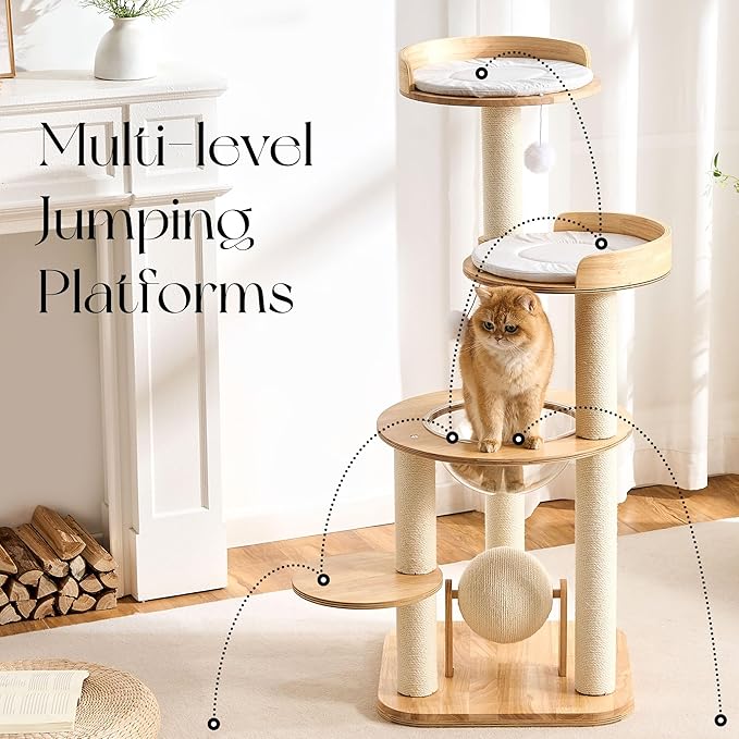 797Audio Modern Solid Wood Cat Tree Tower, 49" Tall Cat Tree with Sisal Scratching Posts for Adult Cats, Luxury Natural Oak Wooden Cat Tower,Aesthetic Multi-Level Cat Climbing Tree for Indoor Cat