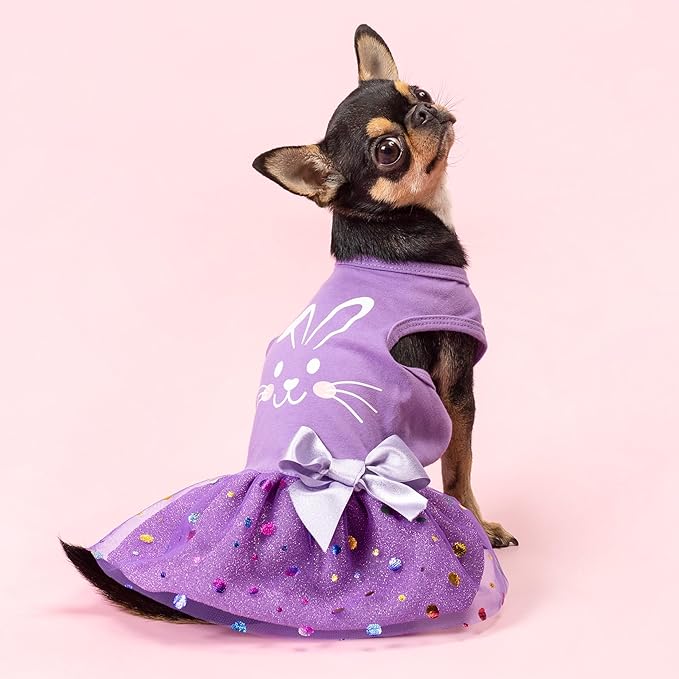 Fitwarm Easter Bunny Dog Dress, Holiday Dog Clothes for Small Dogs Girl, Pet Easter Outfit, Purple, White, XXS