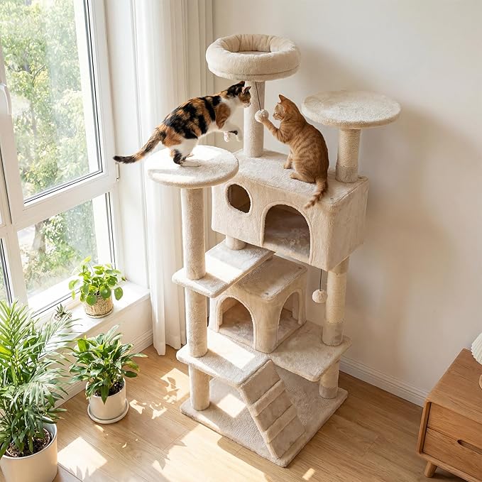 Tangkula Cat Tree Tower, 52 Inch Multi-Level Cat Tower with Sisal Scratching Posts, Cushioned Top Perch, Large Dual Condos & Ladder, 2 Hanging Balls, Jumping Platforms for Indoor Cats (Beige)