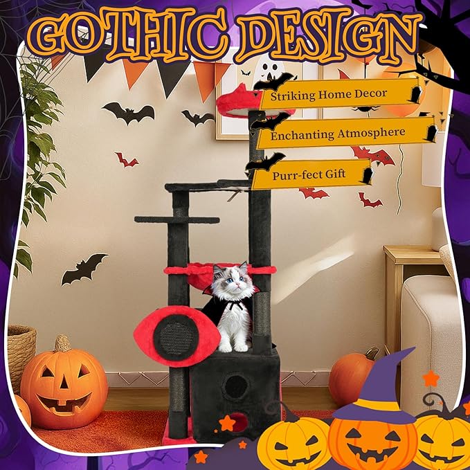 Outvita Halloween Large Cat Tree,53.1" Gothic Cat Tower with Padded Perch, Spacious Condo, Comfy Hammock, Scratching Post, Hanging Toy for Indoor Cats, Red & Black