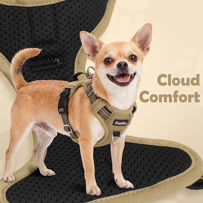 Funfox Dog Harness No Pull, Adjustable Pet Vest Harness, Super Soft Material with Vertical Handle Easy Control, Reflective Night Walking, 2 Leash Clips for Large Dogs, Brown, L