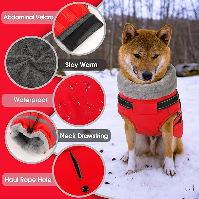 PETDSH Dog Coat Large, Built-in Harness Dog Jacket with Warm Fleece Lining, Waterproof Reflective Dogs Winter Coat, Pet Coats with Pocket and Trash Bags (Red, XXX-Large)