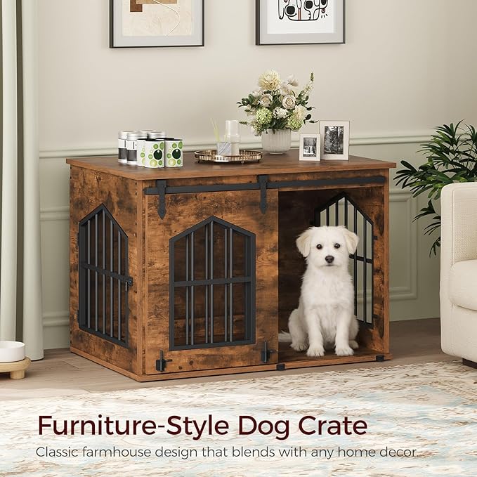 Dog Crate Furniture, 31.5" Farmhouse Dog Kennel with Sliding Barn Door, Wooden Dog Cage for Small Medium Dogs, Decorative Pet House Side End Table, Chew-Resistant, Rustic Brown DCHR9601