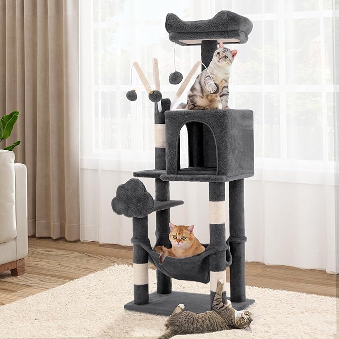 YITAHOME 44in Multi-Level Cat Tree for Indoor Kittens, Cat Furniture with Scratch Posts, Window Padded Plush Perch, Comfortable Hammock, and Interactive Pompoms, Dark Gray