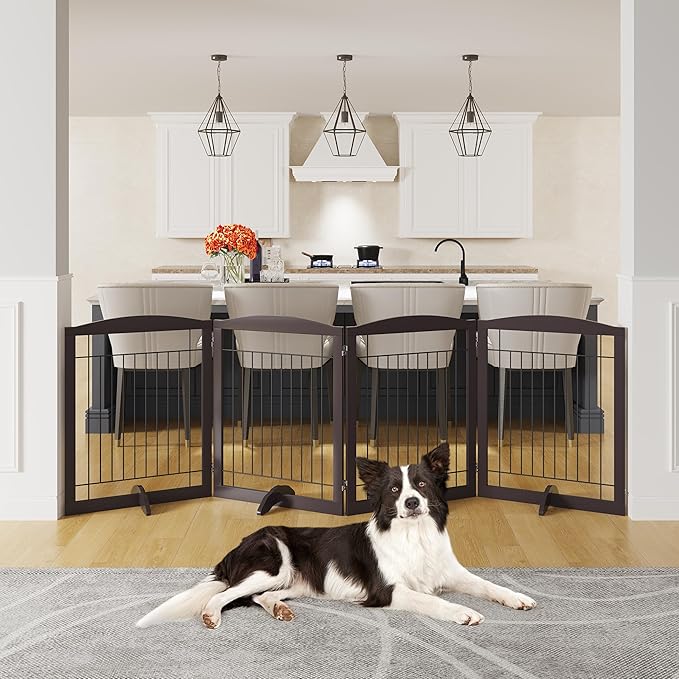 Yaheetech Extra Wide Dog Gate Freestanding Pet Gate for Dogs,Foldable Puppy Fence with Support Feet Suitable for Doorway, Stairs,98 in Wide 32 in Tall (4-Panel,Espresso)