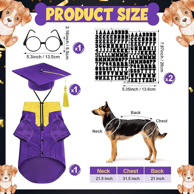 5 Pcs Dog Graduation Costume Set Include 2026 Pet Graduation Gown with Stole Puppy Grad Cap Lensless Glasses DIY Letter Stickers for Dogs Cats Holiday Costume Accessory(Purple Yellow,XL)