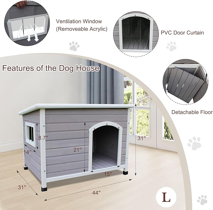 Rockever Waterproof Large Dog Houses Outdoor Indoor, 44" Wooden Elevated Outdoor Dog Houses with Window for Small to Large Sized Dogs, Easy Clean and Assemble