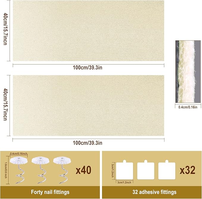 Cat Scratch Mat for Couch, Wall & Cat Tree - 78.7" Trimmable Self-Adhesive Cat Scratcher, Cat Scratch Furniture Protector, Felt Alternative to Sisal, DIY Cat Tower Replacement, 2 Pack (Beige)