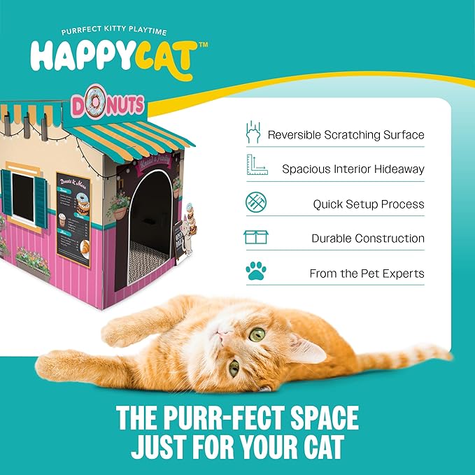 HappyCat Donut Shop Cat Scratcher House - Adorable Cardboard Cat Playhouse with Scratching Panels & Spacious Interior, Hideout & Stimulation Station - Charming Indoor Cat House