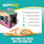 HappyCat Donut Shop Cat Scratcher House - Adorable Cardboard Cat Playhouse with Scratching Panels & Spacious Interior, Hideout & Stimulation Station - Charming Indoor Cat House