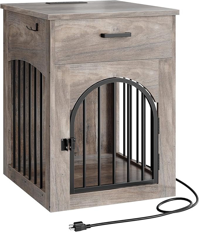 Dog Crate Furniture, Wooden Dog House with Charging Station and Storage Drawer, Indoor Pet Crate End Table for Small Breeds, for Living Room, Bedroom, Greige MGW01UFH