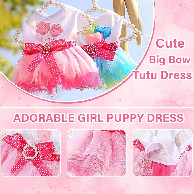 2 Pack Dog Dresses for Small Dogs Girls Cute Princess Puppy Dresses with Rhinestones Tutu Pet Dress Outfit Female Dog Clothes Chihuahua Yorkie (Pink Bow, Medium)