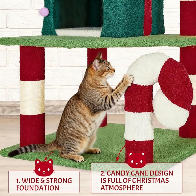 Christmas Cat Tree Tower for Indoor Cats - 45In Multi-Level Cat Climbing Tower with Cat Condos, Xmas Tree Gift Box Shaped Condo Candy Cane Design Cute Cat Tree Tower Holiday Decoration