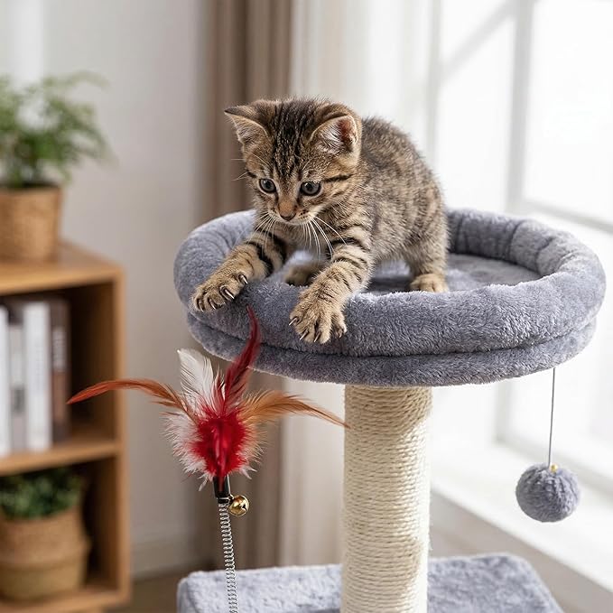 ROYPET Cat Trees with Three Cat Houses Condos with Scratch Posts and Cat Toys,Grey
