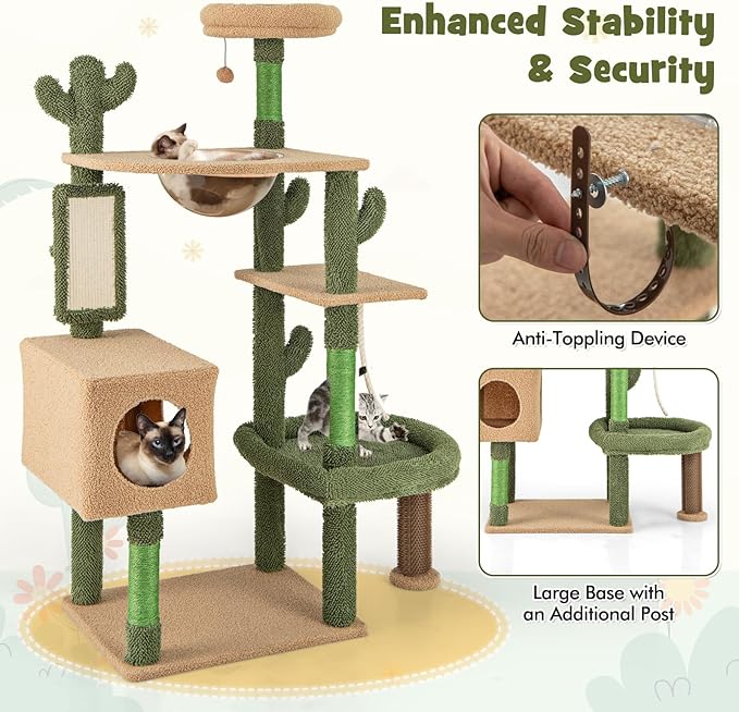 Tangkula Cactus Cat Tree, 59 Inch Tall Cat Tower with Sisal Scratching Posts, Cat Condo, Perch, Space Capsule, Large Bed, Self Groomer, Rope, Ball, Green Cute Cat Tree Tower for Indoor Cats