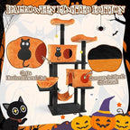 Outvita Halloween Cat Tree,61" Large Cat Tower with 2 Spacious Cat Condos, 2 Padded Perches, 2 Hammocks, Scratching Posts, Hanging Toy, Multi-Level Cat Activities Furniture, Orange & Black