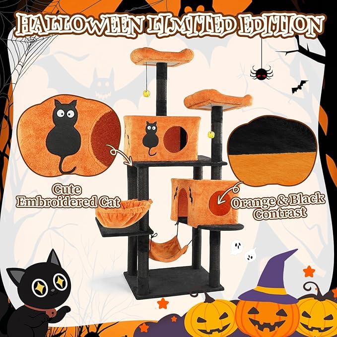 Outvita Halloween Cat Tree,61" Large Cat Tower with 2 Spacious Cat Condos, 2 Padded Perches, 2 Hammocks, Scratching Posts, Hanging Toy, Multi-Level Cat Activities Furniture, Orange & Black