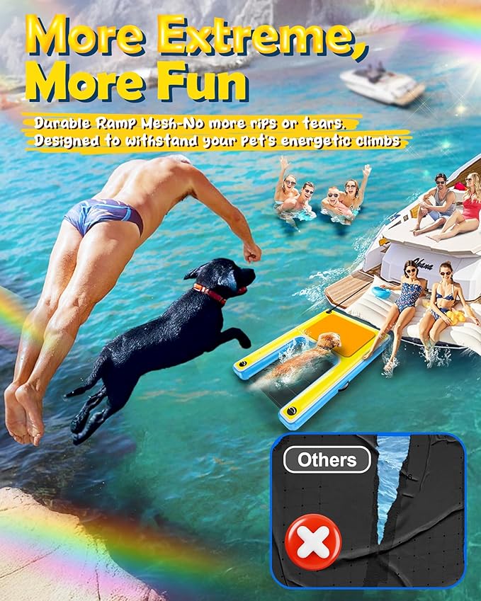 Inflatable Dog Pool Water Ramp – 60"x40" Extra Large Boat Ramp for Dogs Up to 240 lbs, Non-Slip Puncture-Resistant Floating Dock Platform, Water Ladder for Lakes, Pools, Boats & Oceans