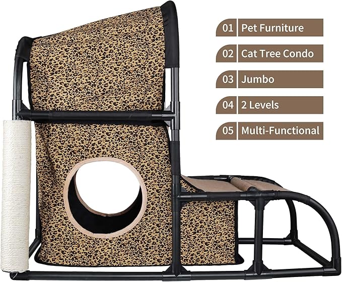 Goetland PVC Modern Cat Condo House Tree Medium Tower Bed Scratching Post Climber With Peek Hole and Dangling Ball for Kitty Indoors Leopard
