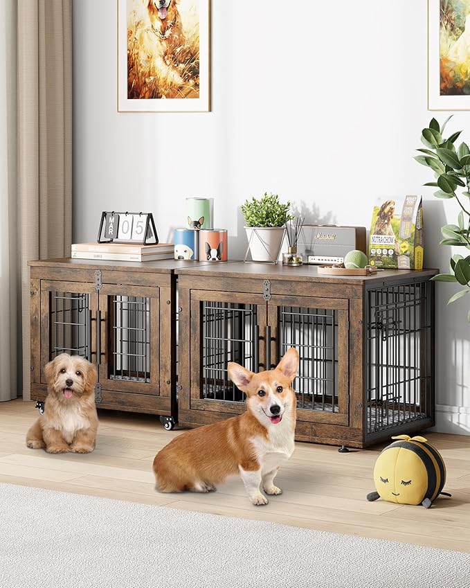 Dog Crate Furniture with Cushion Set of 2, Wooden Dog Kennel Indoor with Double Doors, Dog Cage with Wheels, Dog House Side End Table for Small Dogs up to 30 lb, 27.2" L, Rustic Brown