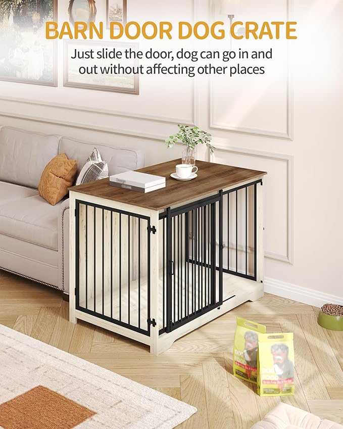 43.3" Dog Crate Furniture with Barn Door, Heavy Duty Dog Kennel Indoor with 2 Doors, Wooden Pet Cage End Table for Large Small Medium Dogs, Anti-Chew Anti-Escape, White Brown DFC92314B