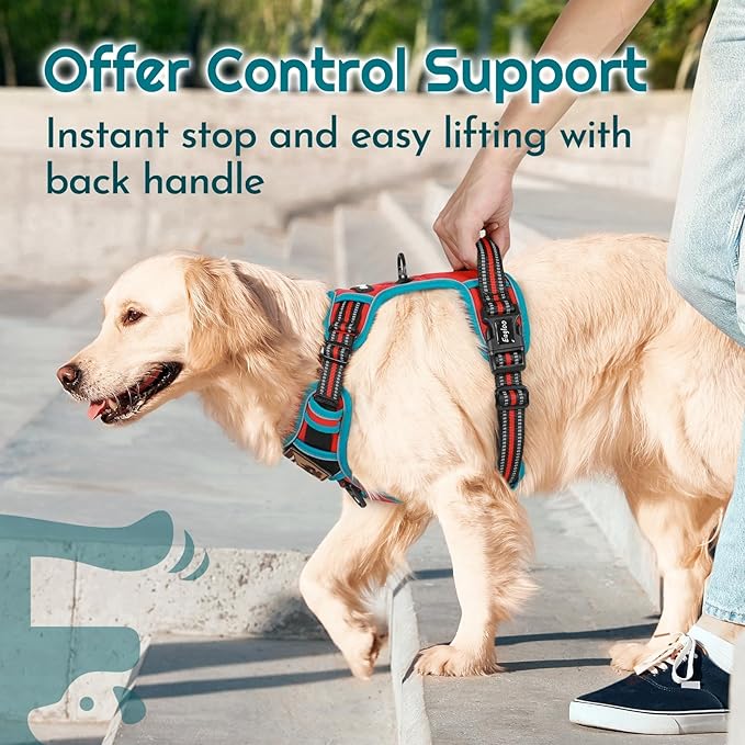 Eagloo Dog Harness for Large Dogs, Easy Wearing with 3 Buckles, Adjustable No Pull Pet Harness with 2 Rings for Walking, No Chock Reflective Soft Padded Vest with Control Handle, Red & Teal, XL