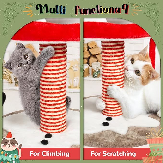 KAMABOKO Christmas Cat Tree Cat Tower with Cat Condos, 35" Multi-Level Top Perches, Sisal Ramp Scratching Posts, Cozy Basket, Hammocks, Large Cats Pet Activity Structure