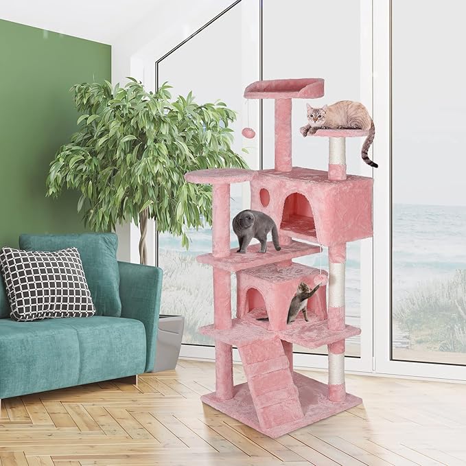 Multi-Level Cat Tree Tower with Condos, 54" Tall Cat Activity Center with Plush Perches and Toys, Space Saving Pet Playhouse for Kittens and Cats (Pink)