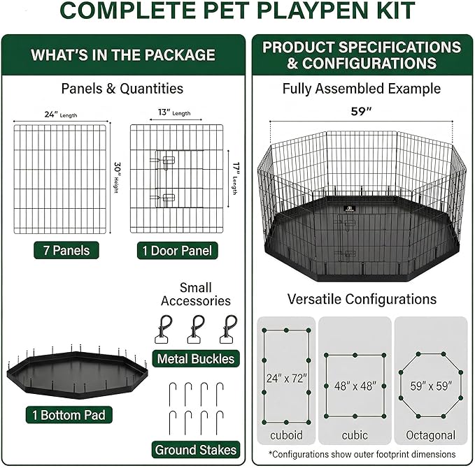 PJYuCien Dog Playpen with Bottom Pad - Metal Foldable Exercise Pen, 8 Panels 30" H x 24" W Indoor Outdoor Pet Fence Puppy Crate Kennel, Black