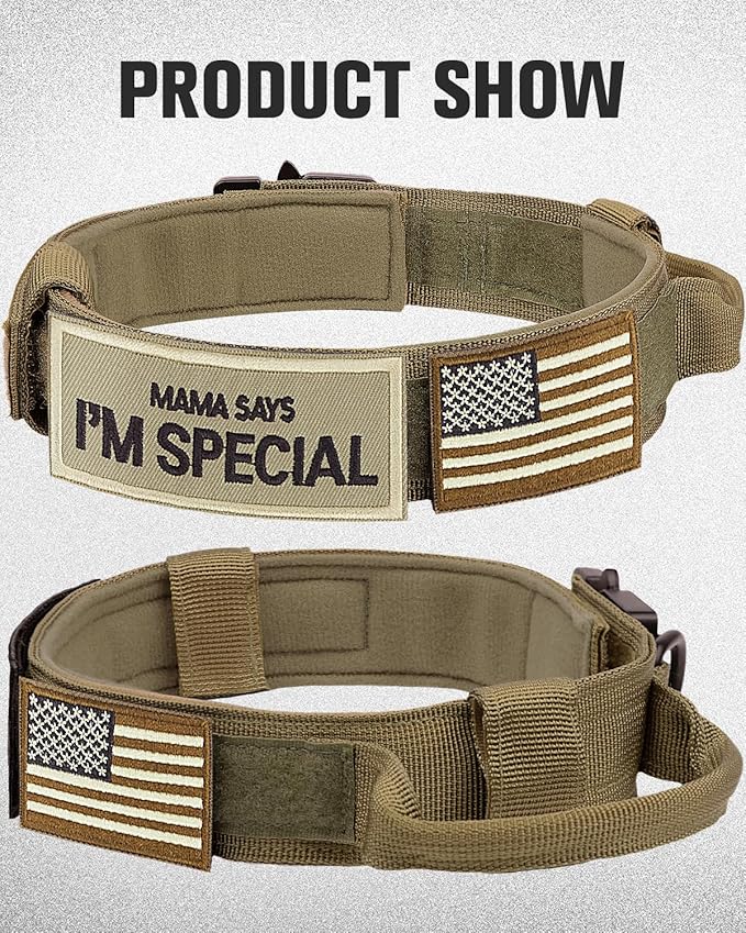 Joytale Tactical Dog Collar with Handle and Metal Buckle, Heavy Duty Padded Military Collar with 2 Patches for Training, Adjustable for Medium Dogs, Khaki, M