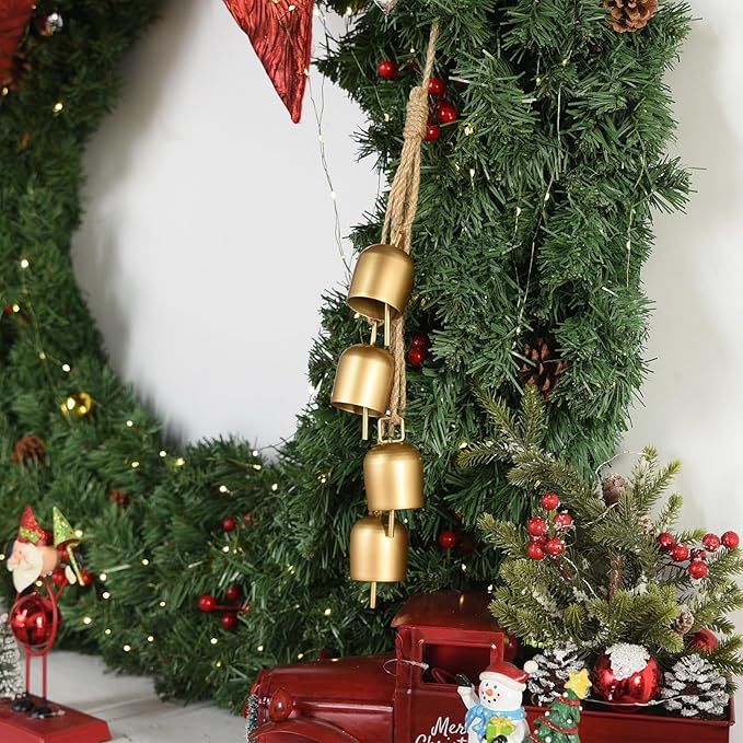 Gold Christmas Bells for Decorations: Vintage Bells Metal Decorative Bells with Jute Hanging Rope - Rustic Bells Small Cow Bell for Christmas Wreath Garland Tree Party Door Wedding Staircase