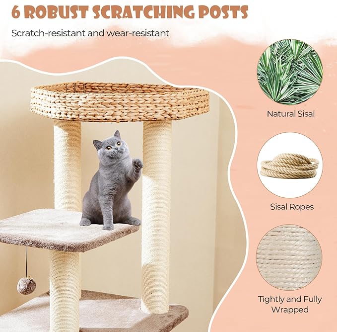 Tangkula Modern Cat Tree, 52 Inch Cattail Cat Tower with Sisal Scratching Posts, Perch, Condo, Plush Dangling Ball, Removable & Washable Cushion, Aesthetic Cat Tree for Indoor Cats (52 Inch, Cattail)