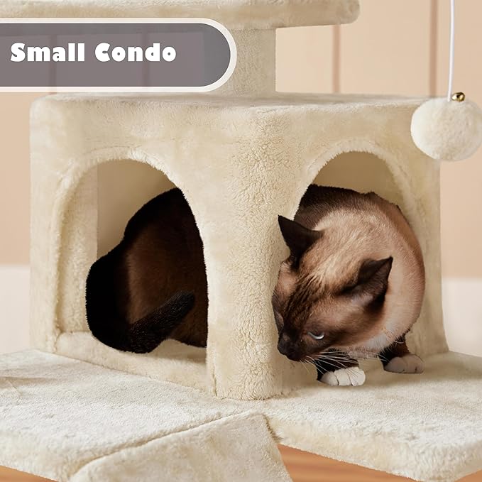 Yaheetech 54in Cat Tree, Multi-Level Cat Tower with Spacious Perch, 2 Cozy Caves, Scratching Posts, Climbing Ladder, 2 Plush Balls, Durable Pet House Furniture for Indoor Kittens, Beige