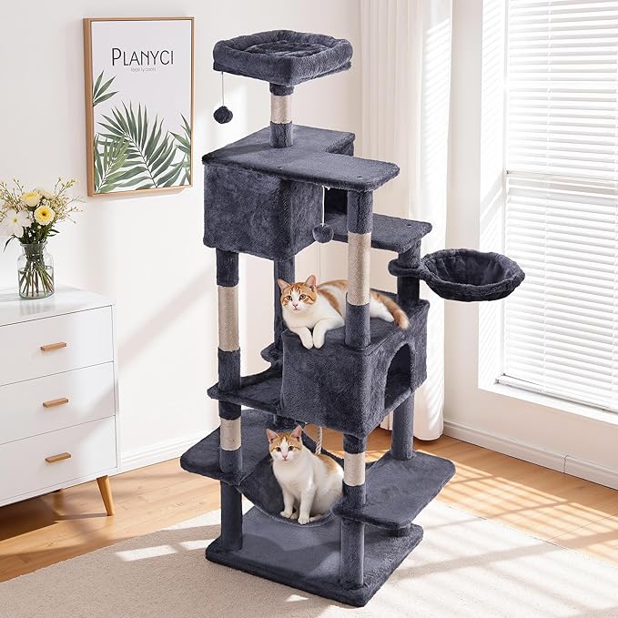 Simple Deluxe 66In Cat Tree for Indoor Cats, 6-Level Cat Tower with Sisal Scratching Posts, Enclosed Cat Condo & Hammock, Space-Saving Corner Design, Stable Wide Base for Multiple Kittens, Dark Gray