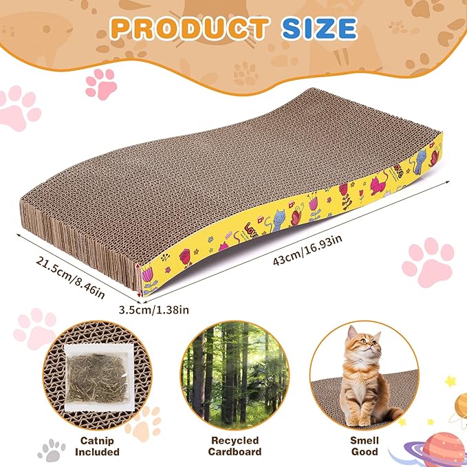 5 Pcs Multicolor Printed Cat Scratcher Pads with Catnip – Eco-Friendly Corrugated S-Shape Scratch Boards, Reversible, Heavy Duty for Indoor Cats & Furniture Protection