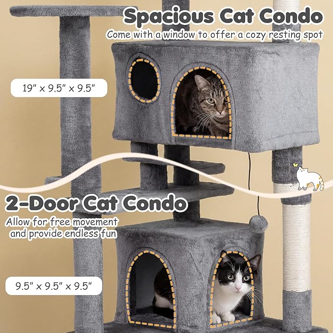 Tangkula Cat Tree Tower, 52 Inch Multi-Level Cat Tower with Sisal Scratching Posts, Cushioned Top Perch, Large Dual Condos & Ladder, 2 Hanging Balls, Jumping Platforms for Indoor Cats (Light Gray)