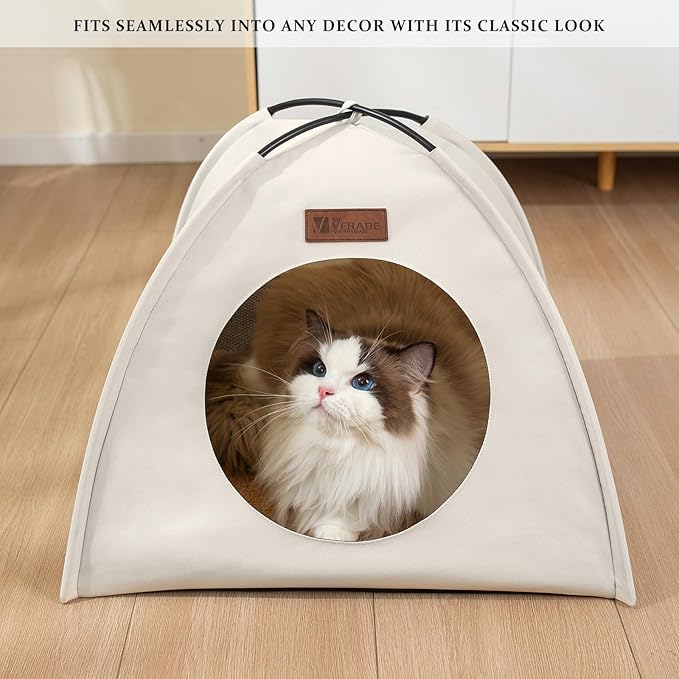 Waterproof Cat House with Removable Cushion for All Seasons, Portable Pyramid Cat Cave Bed for Cats & Small Dogs, No Assembly Folding Pet Tent,15.7x15.7x13.8, White