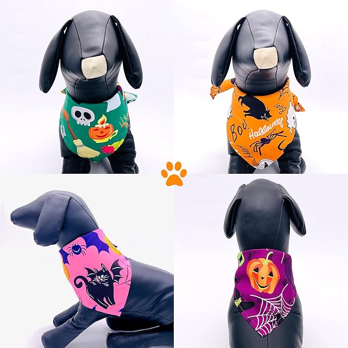 10pcs Halloween Dog Bandanas for Medium Breed Kerchief Triangle Bibs Scarves Pumpkin Bats Ghost Spider Owls Pattern for Girl Boy Grooming Costume