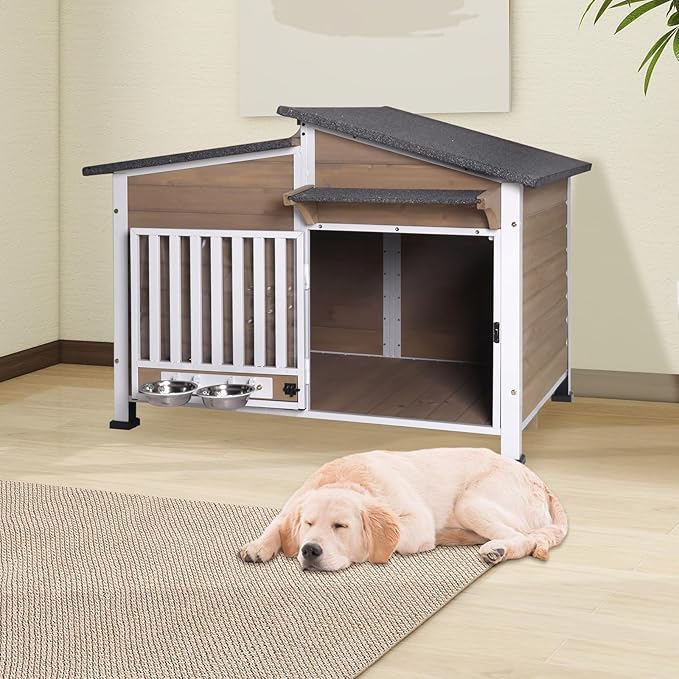 Dog House for Outdoor Use with Matel Frame, Waterproof Design -All-Weather Wooden Kennel with Sliding Window & Metal Frame (Brown-1, L)