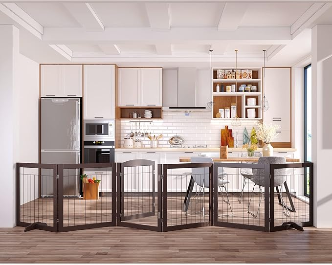 Vantas Folding Pet Gate 144" Wide, 30" Tall No-Assembly Wooden Dog Gate with Door Walk Through, Freestanding Wire Pet Puppy Safety Fence, with 2PCS Support – Espresso