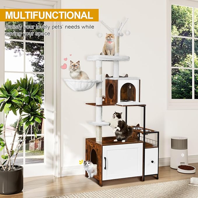 Snughome Cat Tree with Litter Box Enclosure, 3-in-1 Modern Cat Tower for Indoor Cats, 67.32’’ Hidden Cat Litter Box Furniture with Cat Condo, Food Station and Hammocks, All-in-one Cat Furniture