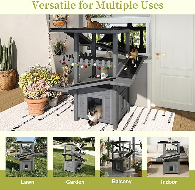 4-Tier Outdoor Cat House for Multiple Cats, Weatherproof Wood Catio Cat Tree Tower, Feral Cat Shelter Outside Enclosure with Balcony, Scratching Post, Ramps & Escape Flap Doors (Grey)
