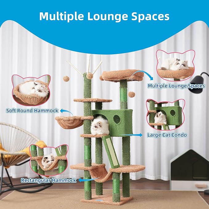 Hey-brother Cat Tree, 53 inch Cat Tower for Indoor Cats, Cat House with Padded Platform Bed, Toy Balls, Large Cozy Condo, Hammocks and Sisal Scratching Posts, Cactus MPJ019SCA