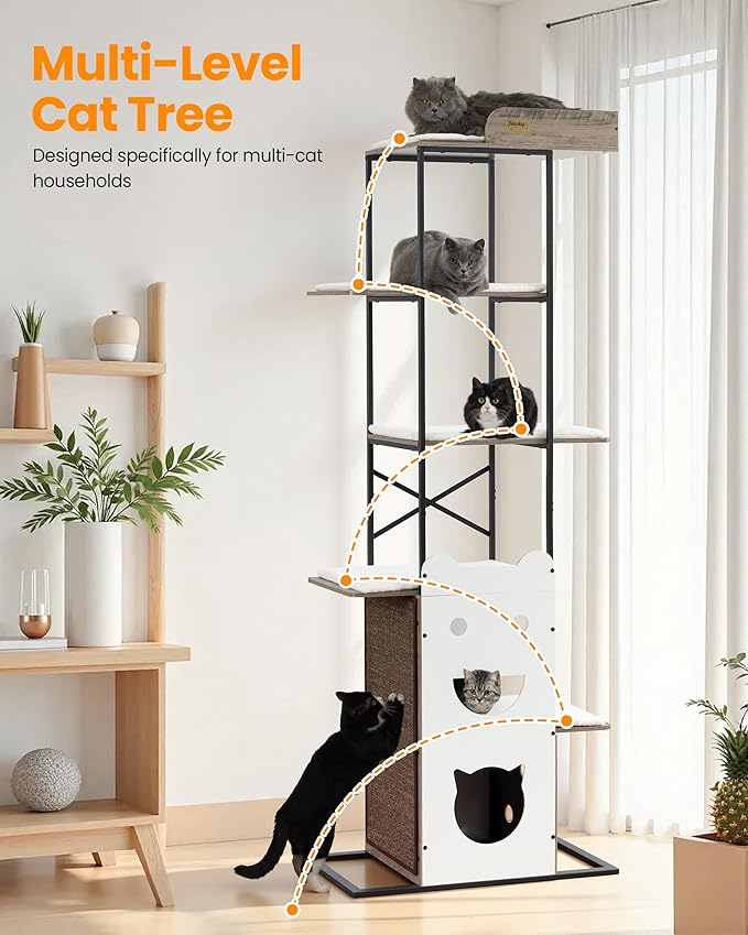 Wood Cat Tree Tower, 84 Inch Modern Extra Tall Cat Condo Trees for Indoor Cats Large Adult, XL Multi-Level Heavy Duty Wooden Sturdy Cat House Furniture with Platform Perch Bed Scratching Post
