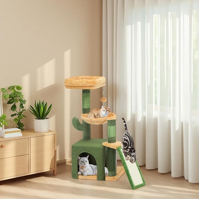 DWVO Cactus Cat Tree: 37" Tall with Self-Grooming Brush, Cute Kitten Climbing Tower for Indoor Kittens with Cat Condo, Plush Platform, Hammock, Sisal Scratching Posts, Dangling Ball