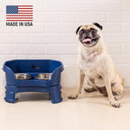 Neater Feeder Deluxe Mess-Proof Elevated Dog Bowls for Small Dogs (Up to 19 lbs), 2 Height Adjustable (6” & 7.5”) No-Spill Raised Dog Bowl Stand, Stainless Steel Food Bowl Set, Made in USA, Dark Blue