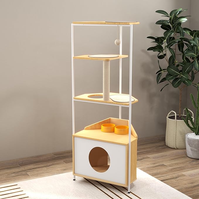 Modern Cat Tree Furniture for Indoor Cats Multi-Level Cat Tower with Scratching Post, Cat Condo, Feeding Station & Corner-Saving Design Stylish Wood & Metal Pet Furniture for Home Decor