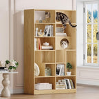 Bookcase Wooden Cat Tree, Natural Color Bookshelf Indoor Cat House Pet Furniture, Display Case with Storage, Cat Litter Box Enclosure Climbing Shelf